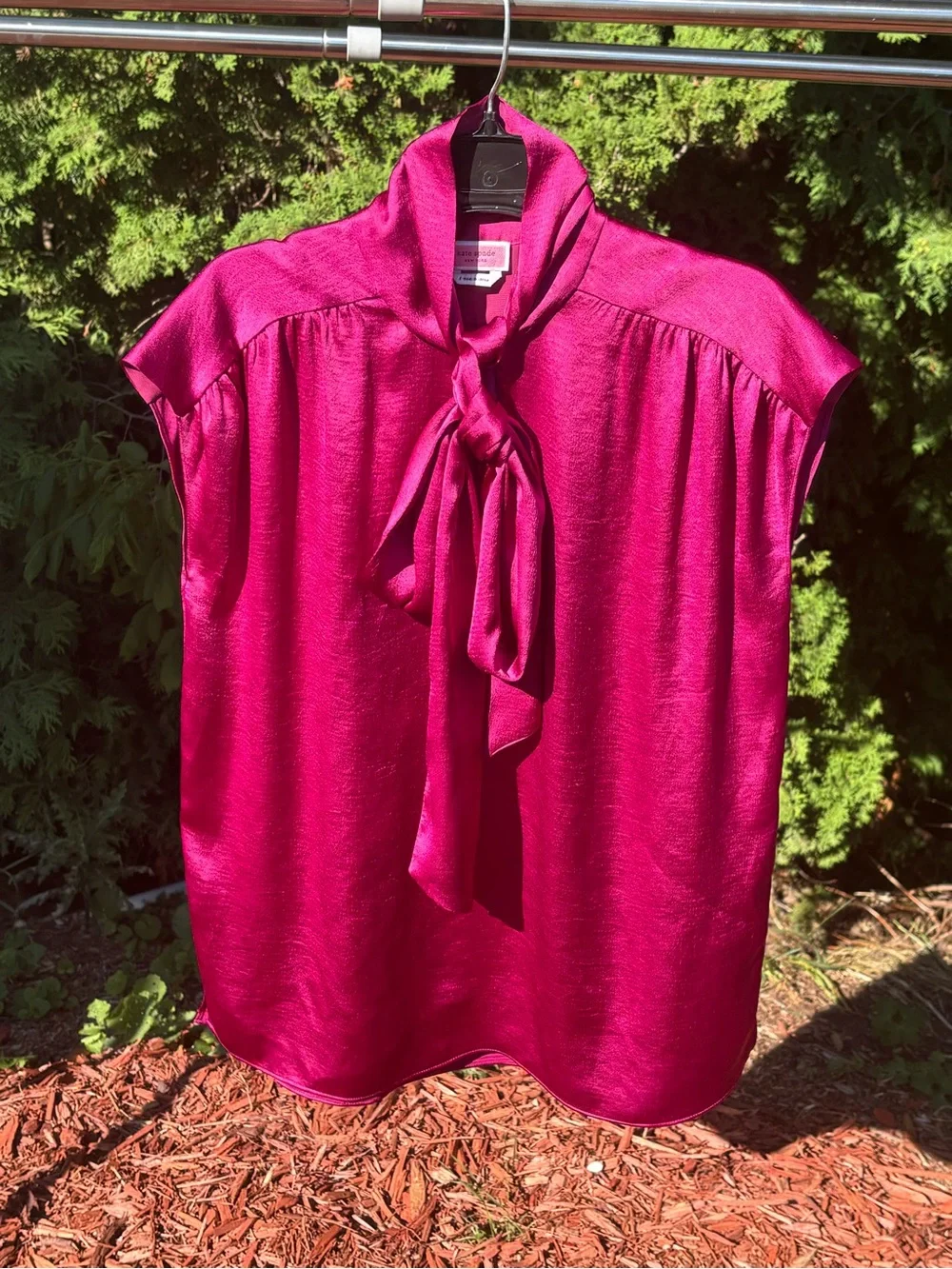 kate spade Fuchsia Satin bow neck Cap Sleeve Blouse vibrant career chic office